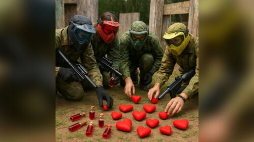 Valentine’s Day Scavenger Hunt at Skirmish Paintball in Albrightsville, PA with red hearts and hidden prize vials