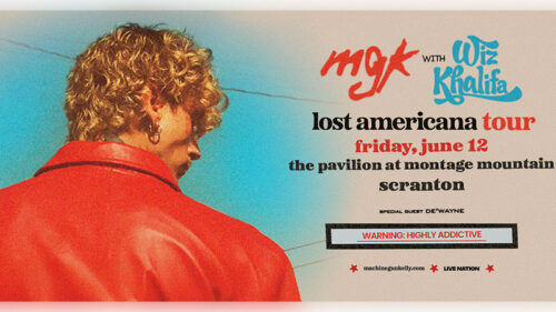 Promotional flier for MGK: Lost Americana tour featuring Wiz Khalifa at the Pavilion at Montage Mountain in Scranton, PA.