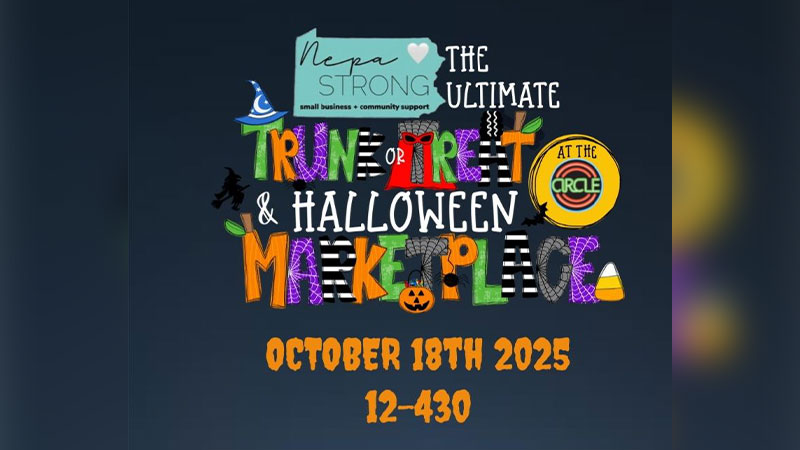 A flyer for The Ultimate Trunk or Treat & Halloween Marketplace at The Circle Drive-In in Dickson City, set for October 18, 2025, from 12 PM to 4:30 PM, with colorful lettering and event details.