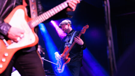 Guitarists jam out on the lighted stage at River Street Jazz Cafe in Plains, PA.