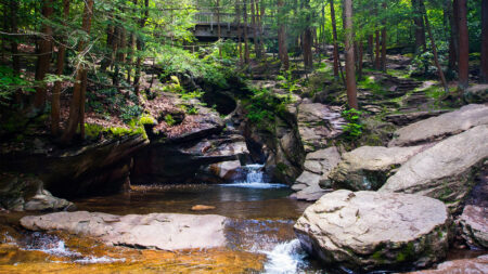 A serene natural scene at Seven Tubs Recreation Area in Wilkes-Barre, Pennsylvania features a cascading stream forming pools and waterfalls amidst lush forest and rocky terrain, with a wooden footbridge visible above.