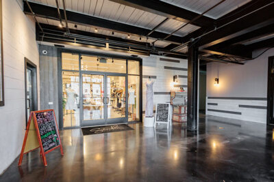 An exterior view into one of the retail shops on the entry level of the Waterfront Warehouse in Pittston, PA.