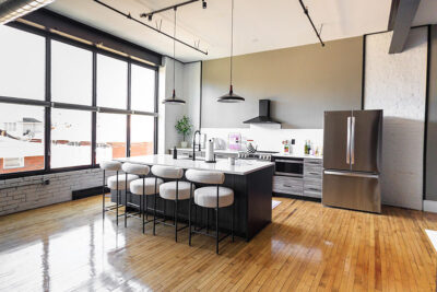 A view of a fully-furnished kitchen inside an apartment in the Waterfront Warehouse in Pittston, PA.