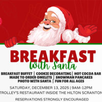 Red-and-white themed flyer advertising Breakfast with Santa on December 13, 2025, with a buffet, crafts, and photo opportunities at the Hilton Scranton & Conference Center.