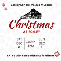 A clean white event graphic for Christmas at Eckley in Foster Township, PA, showing the museum building illustration with event dates and pricing.
