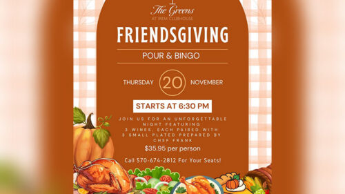 A graphic featuring a Thanksgiving Spread beneath a flyer promoting Friendsgiving Bingo at The Greens at Irem Clubhouse in Dallas, PA.
