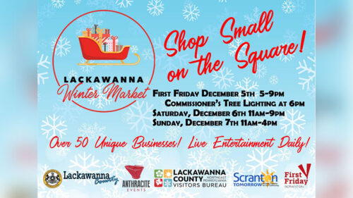 Poster for the Lackawanna Winter Market in Scranton, PA, with a red sleigh illustration and text promoting ‘Shop Small on the Square,’ event dates December 5–7, daily entertainment, and over 50 unique businesses.
