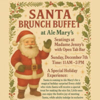 A vintage-style poster advertising the Santa Brunch Buffet at Ale Mary’s in Scranton, PA, featuring an illustrated Santa waving amid holiday decorations.