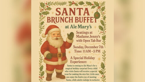 A vintage-style poster advertising the Santa Brunch Buffet at Ale Mary’s in Scranton, PA, featuring an illustrated Santa waving amid holiday decorations.