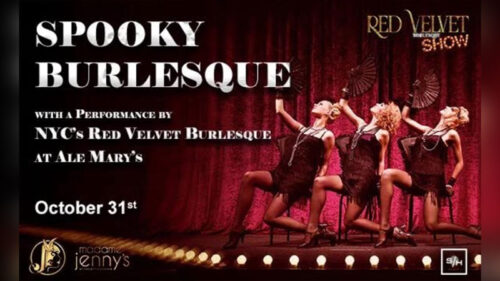 Flyer for Madame Jenny’s Presents: Spooky Burlesque at Ale Mary’s at The Bittenbender in Scranton, showing three dancers in vintage costumes on stage with red velvet curtains and text that reads “Spooky Burlesque – Performance by NYC’s Red Velvet Burlesque – October 31st.”
