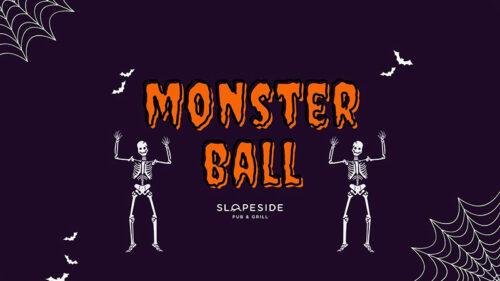 Flyer for Monster Ball at Slopeside Pub & Grill, Blue Mountain Resort in Palmerton, showing two dancing skeletons with orange lettering that reads “Monster Ball” and “Slopeside Pub & Grill.”