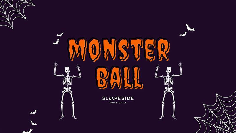 Flyer for Monster Ball at Slopeside Pub & Grill, Blue Mountain Resort in Palmerton, showing two dancing skeletons with orange lettering that reads “Monster Ball” and “Slopeside Pub & Grill.”