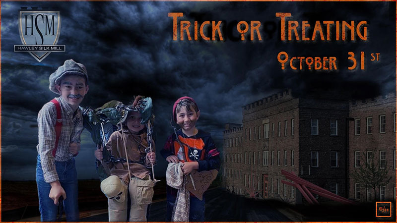 A graphic for Trick or Treating at Hawley Silk Mill in Hawley, PA, happening October 31, showing children in costumes in front of the historic Silk Mill building under a cloudy night sky.