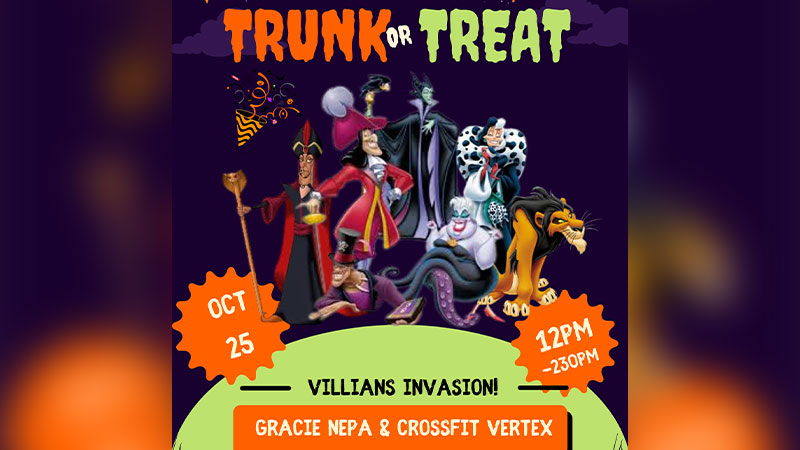 A flyer for Trunk or Treat: Villains Invasion at Gracie NEPA & CrossFit Vertex in Olyphant, PA, scheduled for October 25 from 12 PM to 2:30 PM, featuring Disney villains.