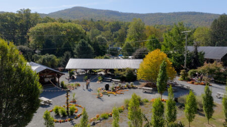 An aerial view of the Pumpkin Walk at Creekside Gardens in Tunkhannock, PA.