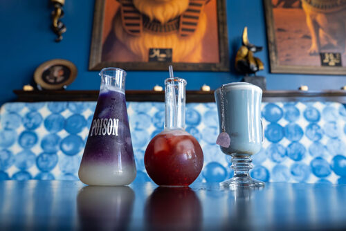 Herbal mocktails lined up the table at Black Earth Café in Old Forge, PA.