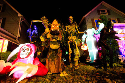 A festive home decorated with skeletons, ogre and ghosts in Halloweentown in West Pittston, PA.