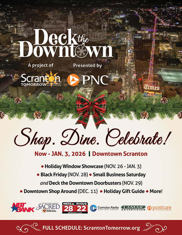 A flyer depicting Downtown Scranton at night during the holidays. Text reads: "Shop. Dine. Celebrate!"