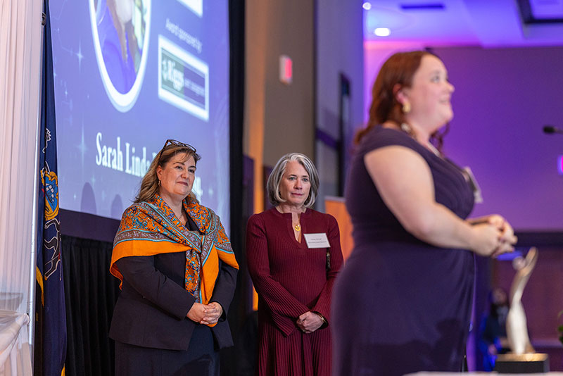 An award recipient addresses the audience at the Greater Wyoming Valley Chamber of Commerce Annual Dinner in Wilkes-Barre, PA.