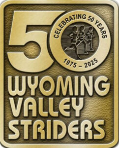 Wyoming Valley Striders 50th Anniversary gold logo featuring the number 50, running figures, and the years 1975–2025.