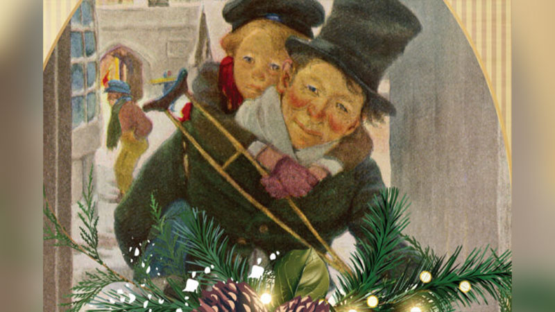 Vintage-style illustration of a smiling man carrying a child on his back with winter greenery framing the bottom, used to promote A Christmas Carol Grey Towers National Historic Site in Milford, PA.