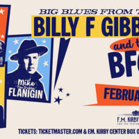 Billy F Gibbons and the BFG Band concert poster for the F.M. Kirby Center for the Performing Arts in Wilkes-Barre, featuring illustrated portraits of Billy F Gibbons, Mike Flanigin, and Chris Layton with the date “February 19.”