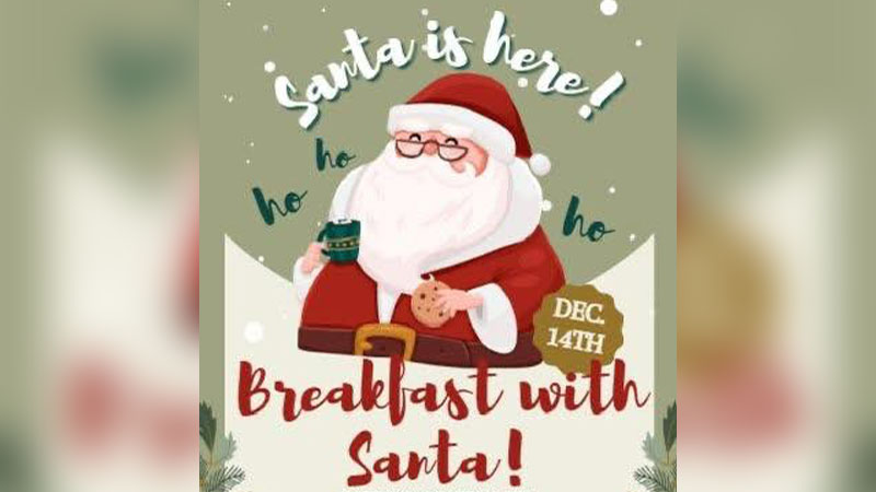 Illustrated flyer showing Santa holding a cookie and mug, promoting a Breakfast with Santa event at the Plains PAV on December 14.