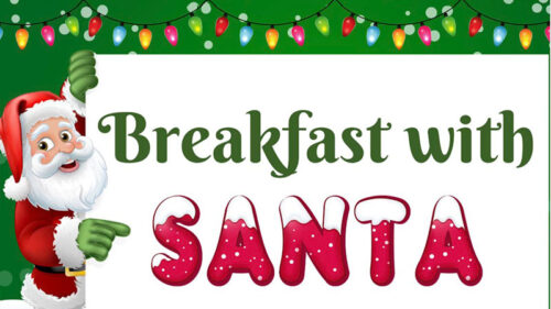 Christmas-themed banner reading ‘Breakfast with Santa’ decorated with colorful holiday string lights at The Scranton Club in Scranton takes place on Sunday, December 7, 2025.