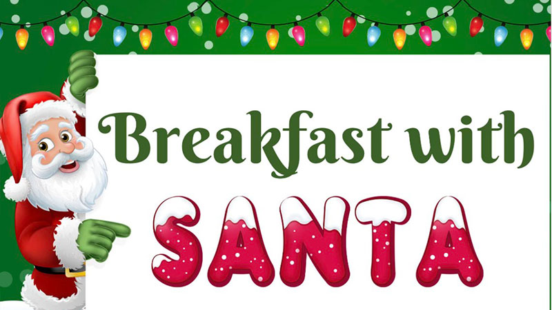 Christmas-themed banner reading ‘Breakfast with Santa’ decorated with colorful holiday string lights at The Scranton Club in Scranton takes place on Sunday, December 7, 2025.