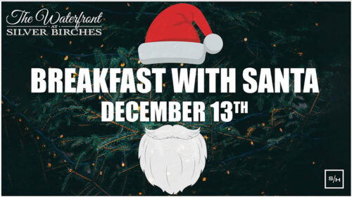 Graphic with Santa hat and beard icons promoting a December 13th Breakfast with Santa event in Hawley.