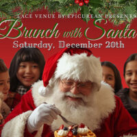 Santa sits at a table surrounded by smiling children in a festive graphic promoting Brunch with Santa at Lace Village by Epicurean in Scranton, PA.