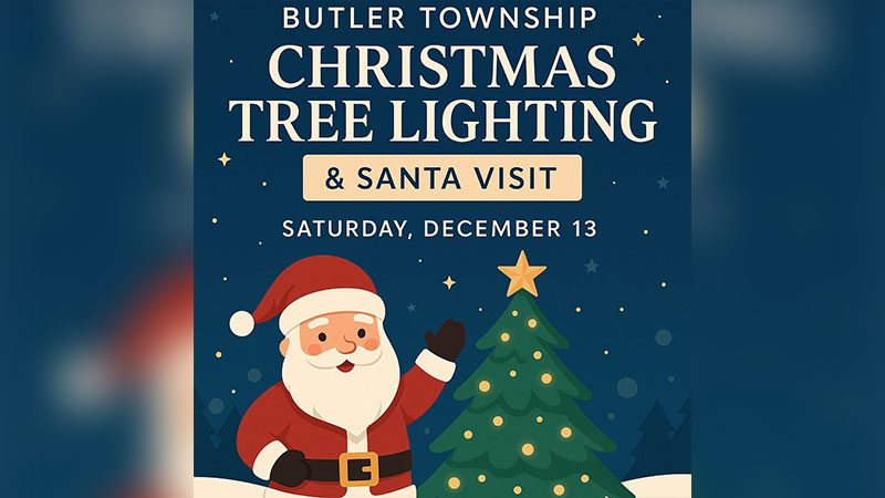 A festive graphic promotes the Butler Township Christmas Tree Lighting & Santa Visit event in Drums, PA.
