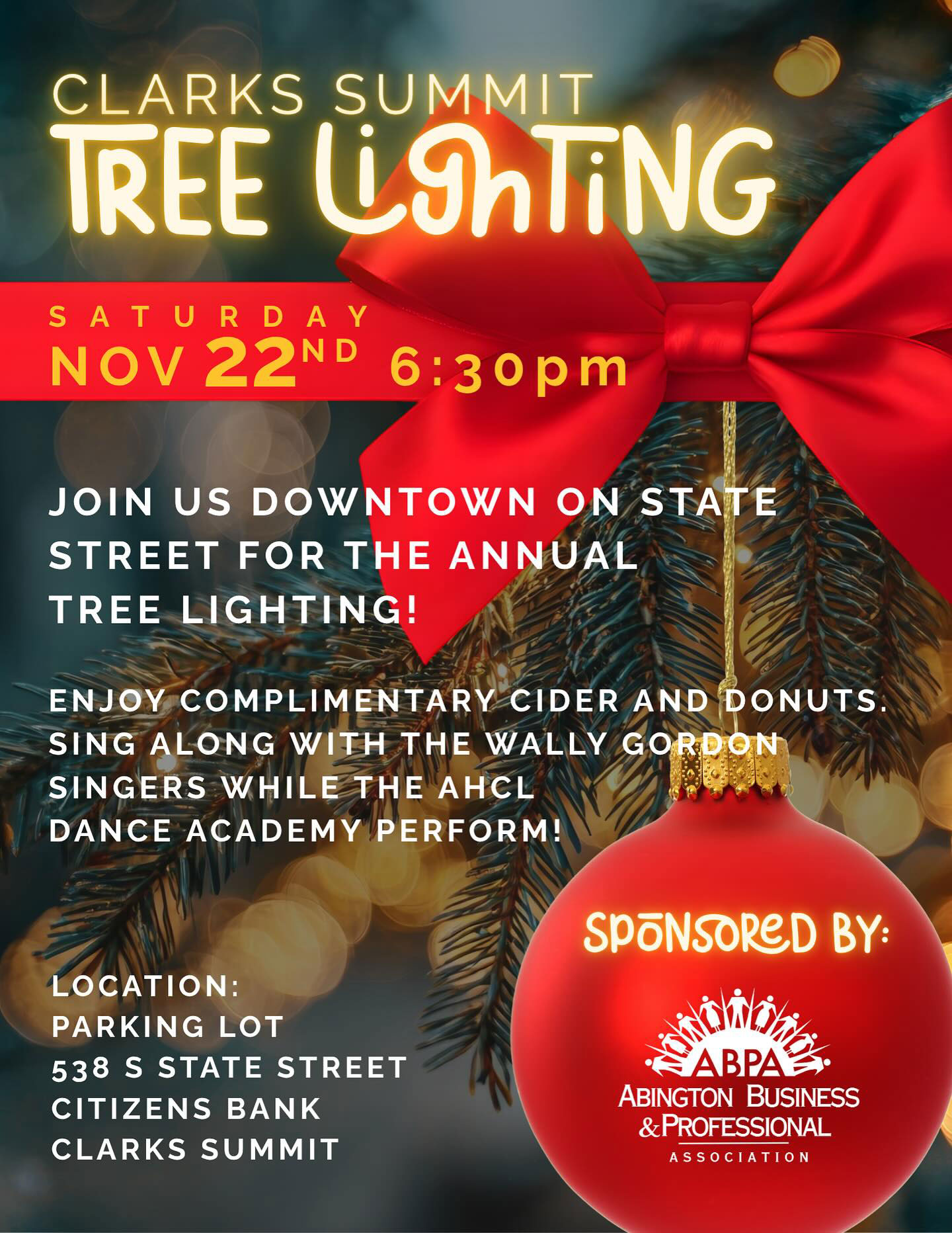 A promotional graphic displays details for the Clarks Summit Tree Lighting in Clarks Summit, PA.