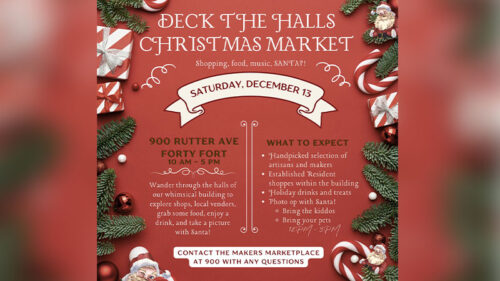 Decorative red flyer for the Deck the Halls Christmas Market at 900 Rutter Ave, Forty Fort, PA, featuring holiday greenery and text explaining vendor offerings and event details for Saturday, December 13.