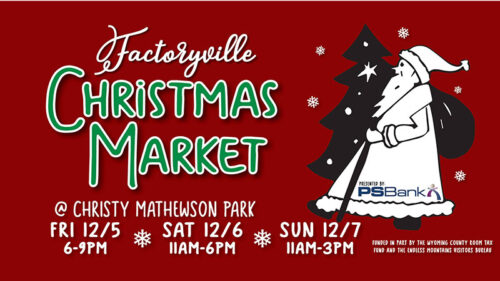 Graphic for the Factoryville Christmas Market at Christy Mathewson Park in Factoryville, PA, featuring a vintage-style Santa illustration and event dates December 5–7.
