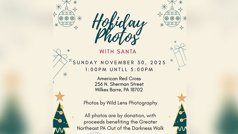Flyer for Holiday Photos with Santa on November 30, 2025 at the American Red Cross in Wilkes-Barre, with winter illustrations and text noting photos by donation.