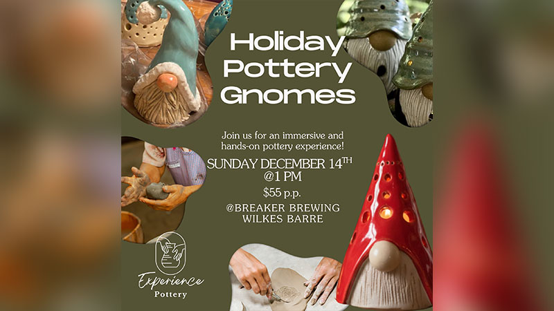 Flyer for the holiday pottery gnomes workshop