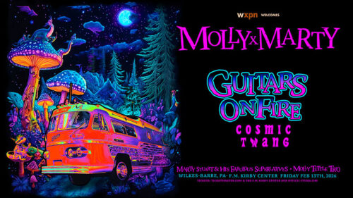 Marty Stuart & Molly Tuttle: Cosmic Twang Guitars on Fire concert poster for the F.M. Kirby Center for the Performing Arts in Wilkes-Barre, featuring psychedelic artwork, colorful typography, and the show title text.