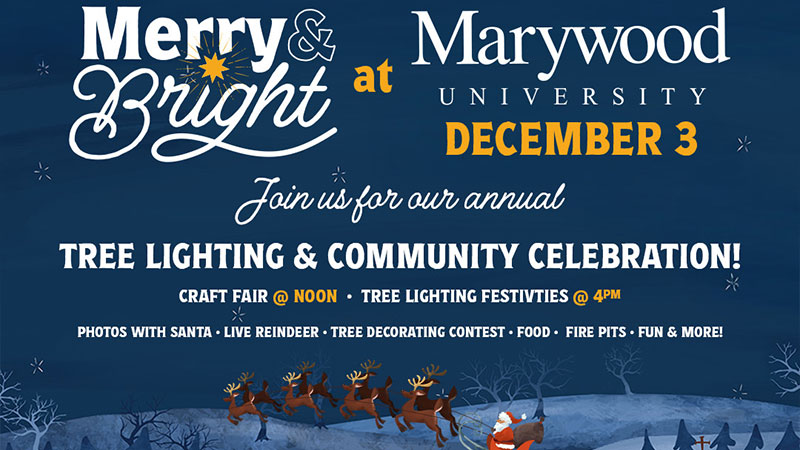 A promotional graphic highlights the Merry & Bright Tree Lighting & Community Celebration at Marywood University in Scranton, PA.