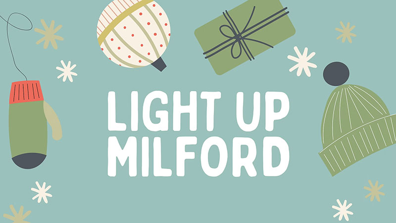 A graphic promoting Milford’s Annual Tree Lighting features winter illustrations and the text “Light Up Milford” in Milford, PA.