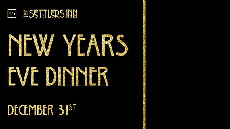 Elegant black and gold flyer reading ‘New Year’s Eve Dinner’ with event date December 31st in a vintage font.