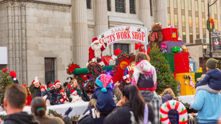 Santa waves to the crowd during the Christmas Parade and Tree Lighting Ceremony in Wilkes-Barre, PA.