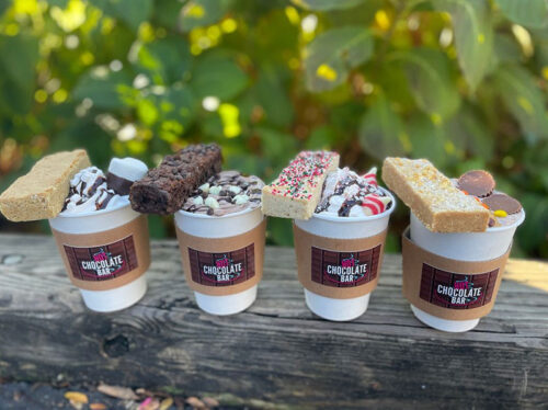 Garnished hot coco lined up at Hersheypark Christmas Candylane in Hershey, PA.