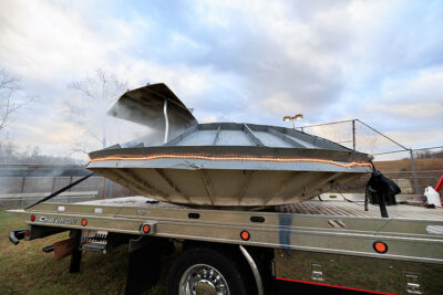 A smoking UFO sits on the back of a flatbed truck at the second annual Carbondalien Festival in Carbondale, PA.