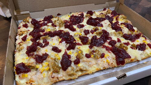 The colorful Thanksgiving Pizza from Ferri's Pizza in Moscow, PA.