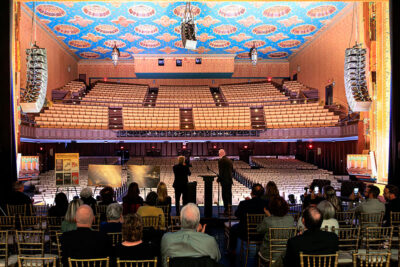 Two men reveal the restoration of the Weinberg Theatre in the Scranton Cultural Center in Scranton, PA.