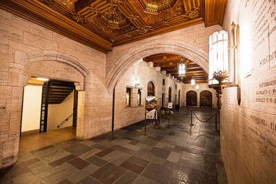 Hallways illuminated by overhead lighting inside the Scranton Cultural Center in Scranton, PA.