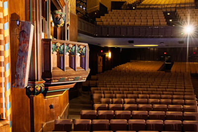 A view from the stage looking out at the seating in the Weinberg Theatre in the Scranton Cultural Center in Scranton, PA.