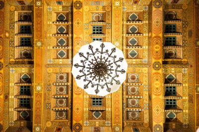 A view of a chandelier and ceiling at the Scranton Cultural Center in Scranton, PA.