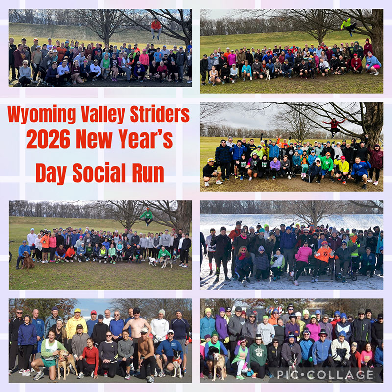 Photo collage showing multiple Wyoming Valley Striders group photos from New Year’s Day social runs, with text reading “Wyoming Valley Striders 2026 New Year’s Day Social Run.